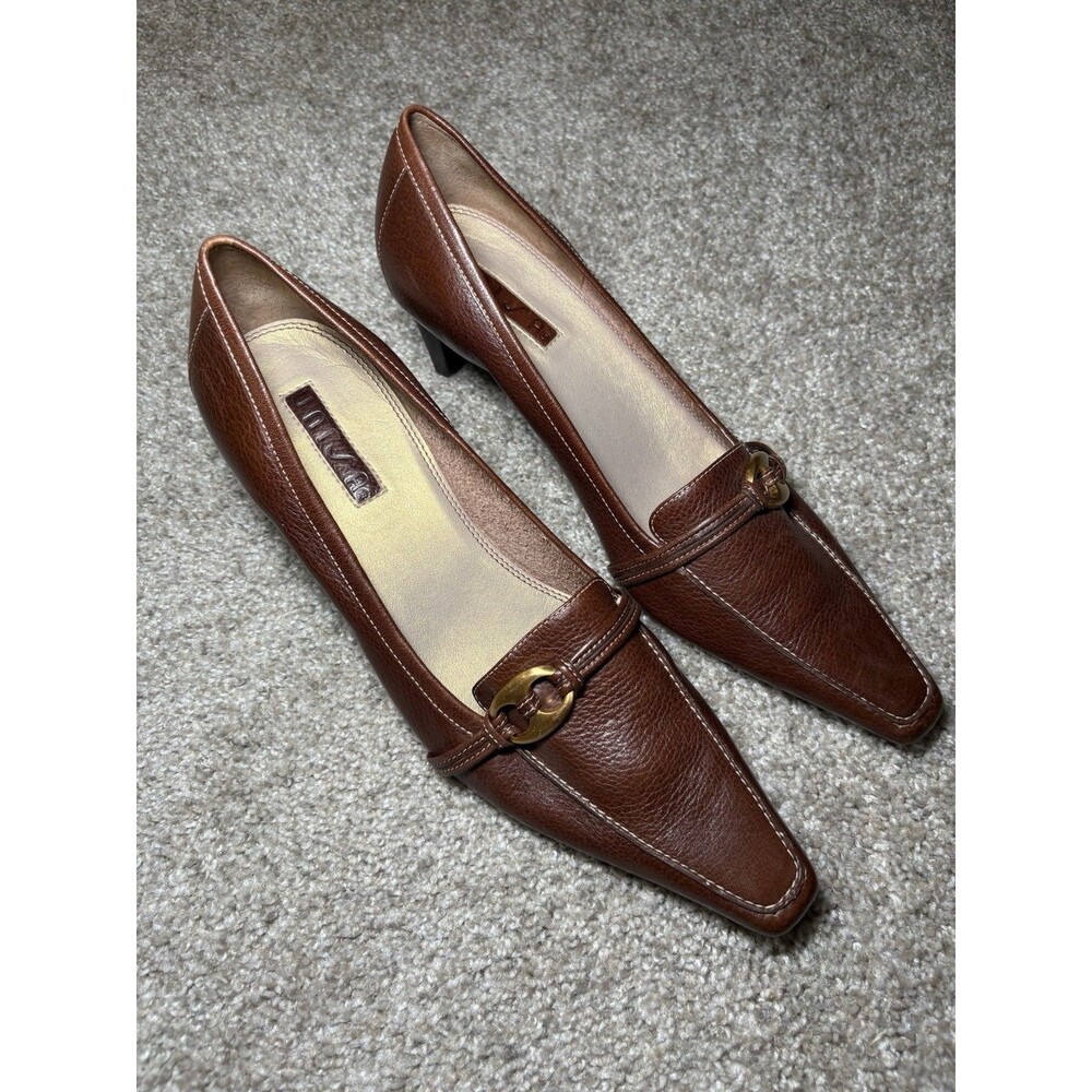 Unisa Women's Brown Leather Square Toe Slip-On Pumps Block Heel Buckle Sz 10